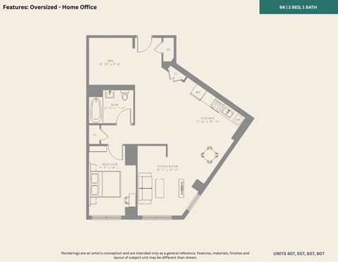 Floor plan for 2 beds, 2 baths, 862 sqft